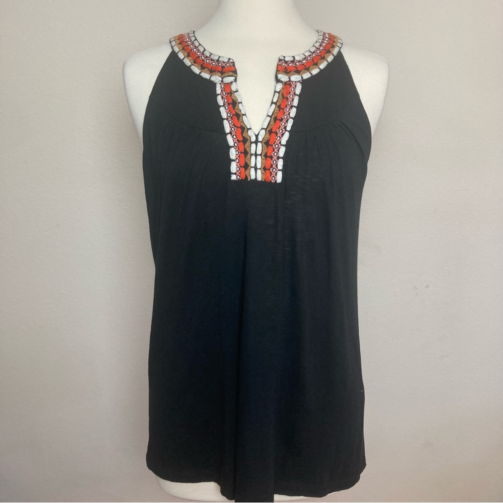 Lucky Brand Black Boho Sleeveless Top with Embroidered Neckline Sz L